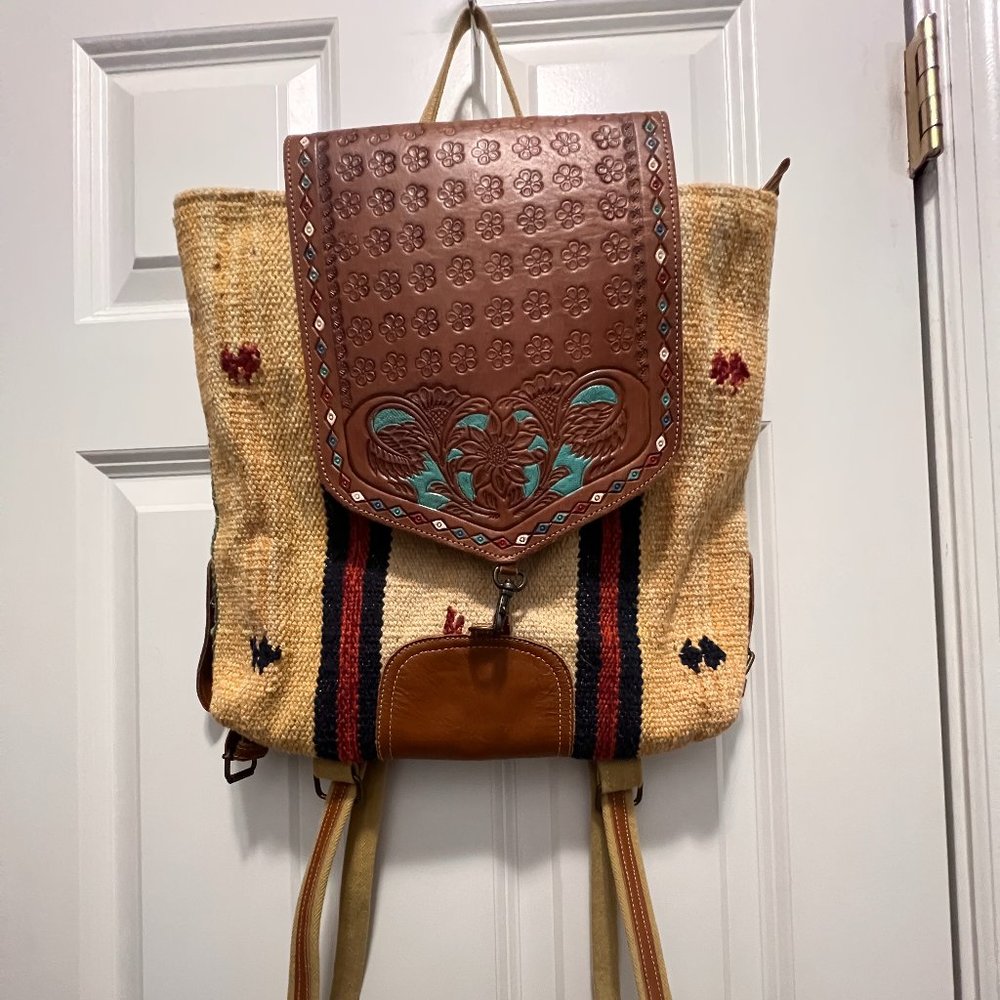 Boho western woven backpack tooled leather flap Aztec southwestern festival bag - Picture 2 of 12